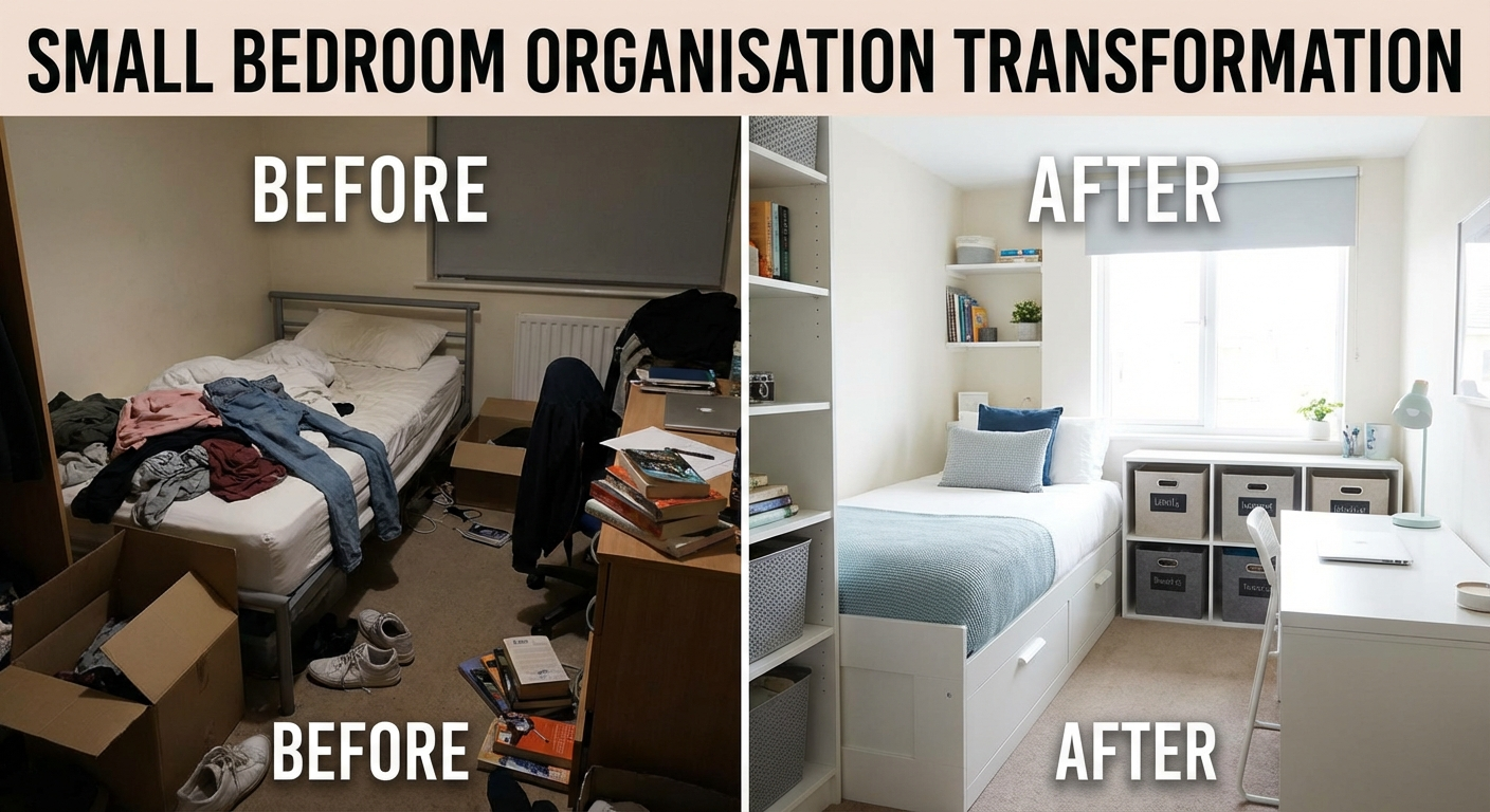 Side-by-side before and after of a small bedroom — cluttered on the left, calm and organised on the right using all the strategies in this guide