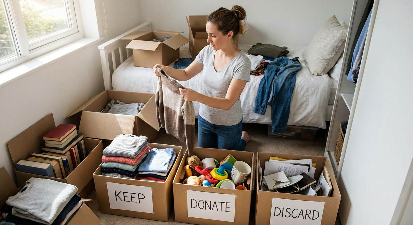 All clothing and items removed from a small bedroom closet, sorted into keep donate and remove piles on the bed