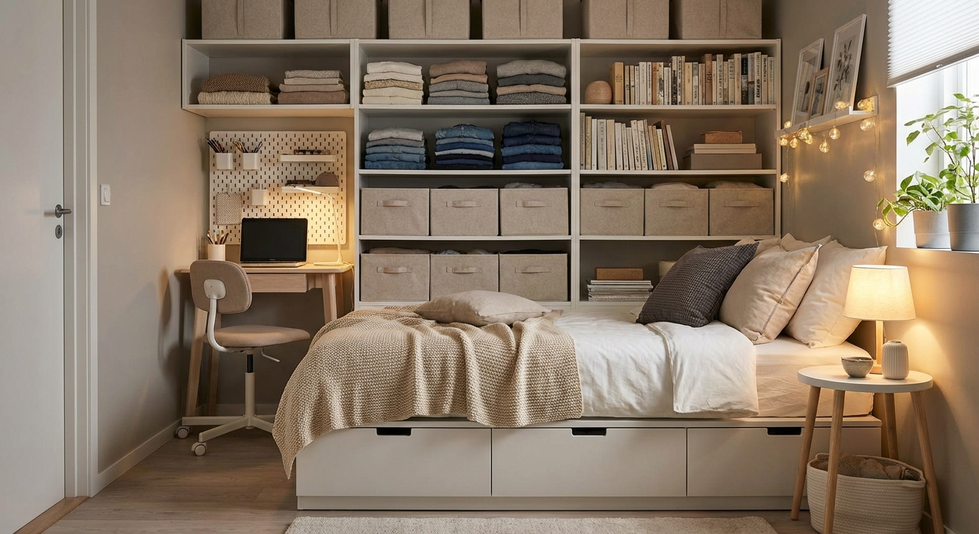 Completed small bedroom organisation showing vertical shelving, clear surfaces, under-bed storage and a tidy wardrobe