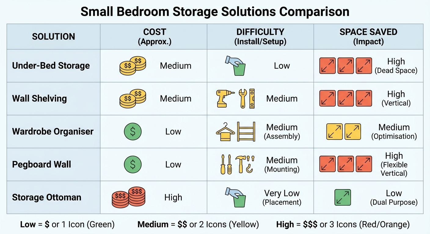 Infographic comparing small bedroom storage solutions by type, cost, and space saved