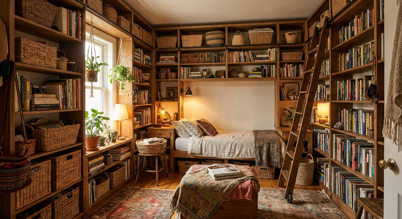 Tall narrow chest of drawers beside a wardrobe in a small bedroom, with floating shelves above the bed in the background