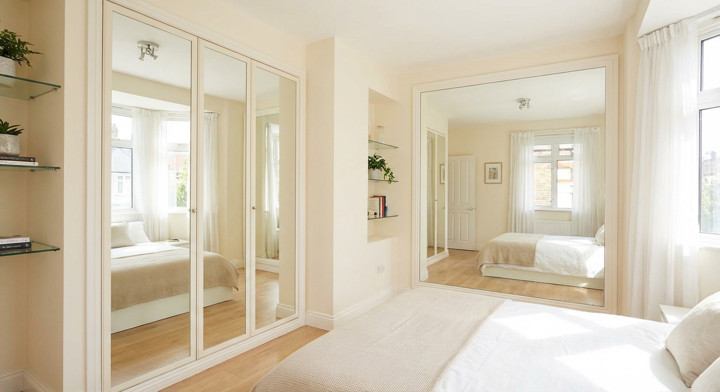 Bright small bedroom with light walls, ceiling-height curtains, a full-length mirror, and furniture raised on slim legs