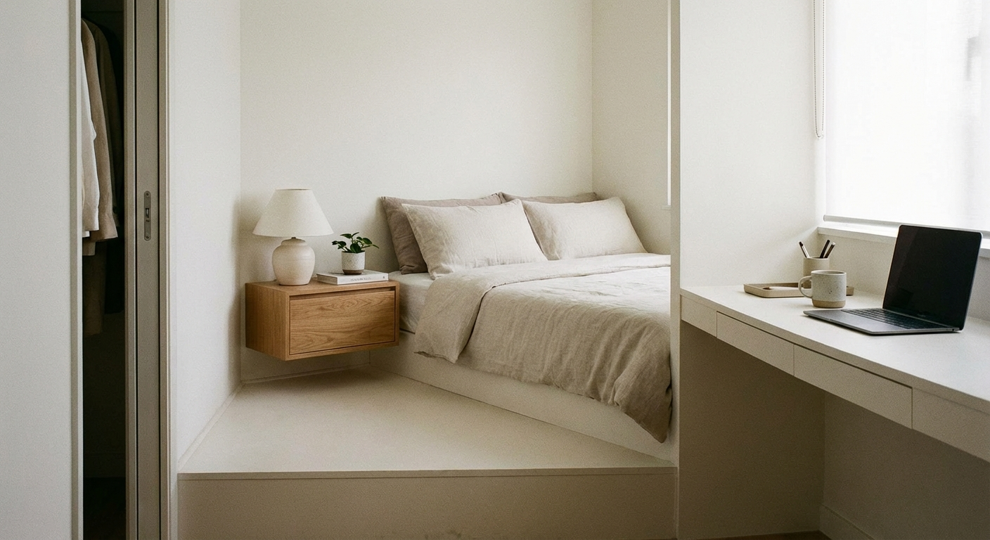 Clear, clutter-free dresser top in a small bedroom with only a lamp and a small plant, demonstrating the surface rule