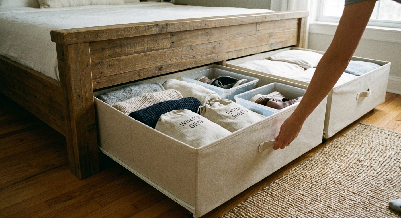Clear flat under-bed storage containers on wheels being slid out from beneath a bed, filled with folded clothing