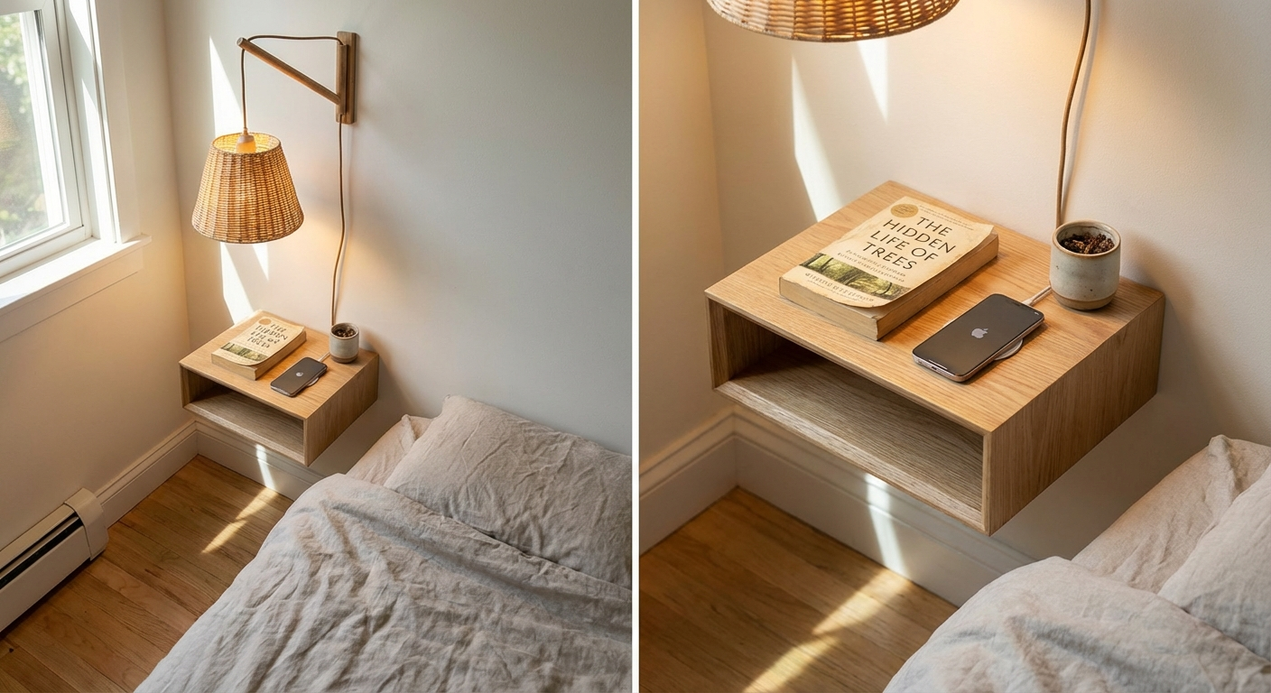 Clean wall-mounted wooden bedside shelf with a small lamp, book and phone, demonstrating a zero-floor-space bedside solution