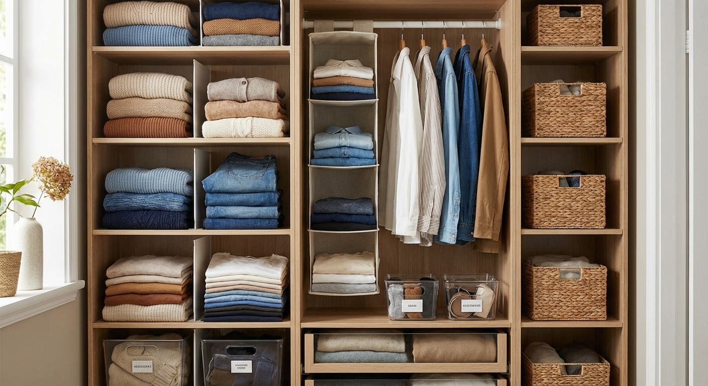 Neatly organised small wardrobe with slim velvet hangers, a double hanging rod, and colour-sorted clothing