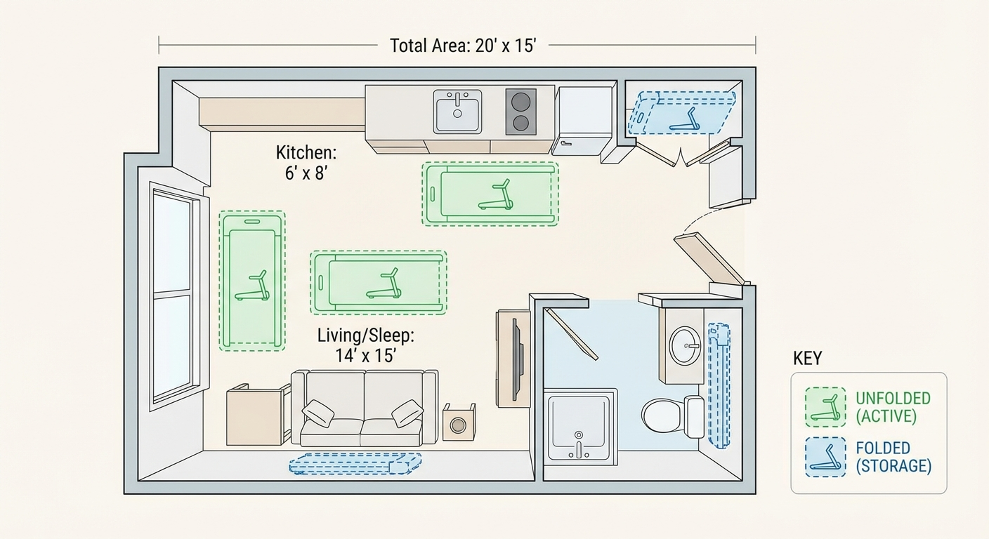 Apartment placement and storage guide for compact walking pads.