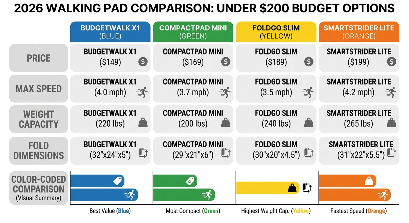 Budget walking pad comparison chart for sub-$200 models.