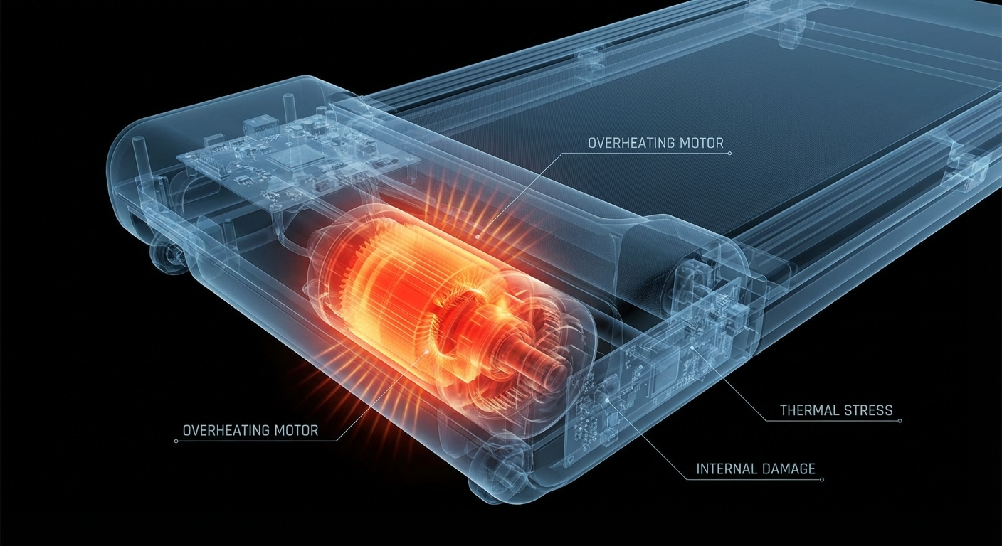 A conceptual image showing a walking pad motor overheating with a red thermal glow, symbolizing the strain of exceeding the weight limit.